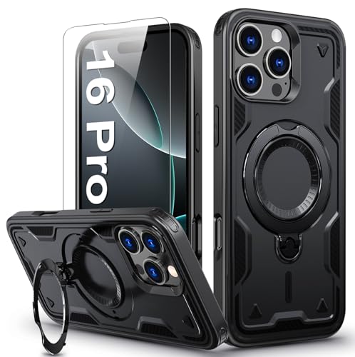 DIMIYER für iPhone 16 Pro Hülle, 360° Drehbarer Magnet Ständer Handyhülle mit Panzerfolie, Militärische Stoßfest Ring Halter Schutzhülle für iPhone 16 Pro Hülle Armour Defense Case Panzerhülle von DIMIYER