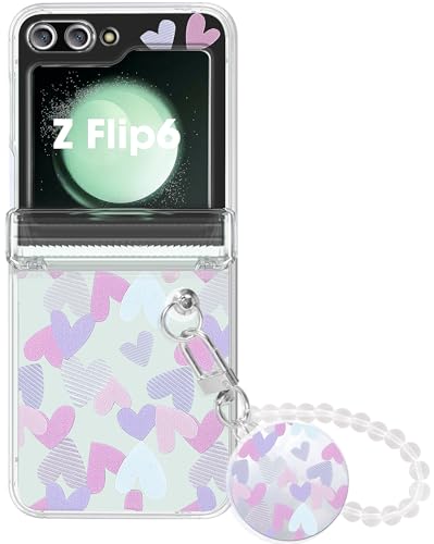 Handyhülle für Samsung Galaxy Z Flip 6 Hülle mit Kett, Herz Motiv Muster Klar Handyhülle mit Handykette Harte PC Schutzhülle für Samsung Z Flip 6 5G Case 2024 für Handykette Hülle -Herz Motiv 2 von DIMIYER