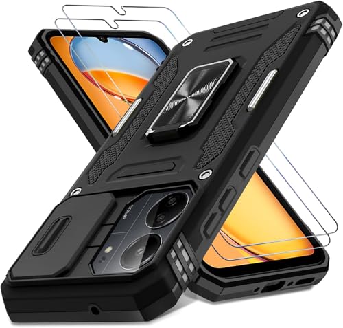 Handyhülle für Xiaomi Redmi 13C Hülle, mit Slide Camera [mit 2X Panzerfolie]mit Kameraschutz für Xiaomi Poco C65 Schutzhülle 360° Drehbarer Metall Ring Ständer Stoßfest für Xiaomi Redmi 13C 4G/5G Case von DIMIYER