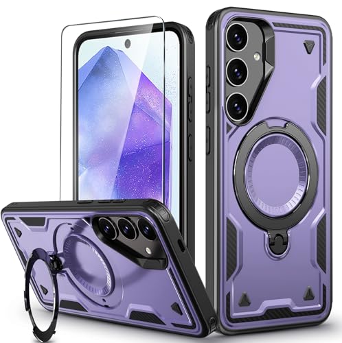 für Samsung Galaxy A55 Hülle, 360° Drehbarer Magnet Ständer Handyhülle mit Panzerglas, Militärische Stoßfest Ring Halter Schutzhülle für Samsung A55 5G Hülle Armour Defense Case (Lila) von DIMIYER