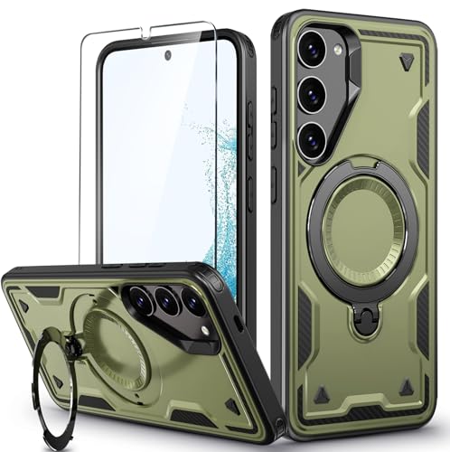 für Samsung Galaxy S22 Hülle, 360° Drehbarer Magnet Ständer Handyhülle mit Panzerglas, Militärische Stoßfest Ring Halter Schutzhülle für Samsung S22 5G Hülle Armour Defense Case Panzerhülle von DIMIYER