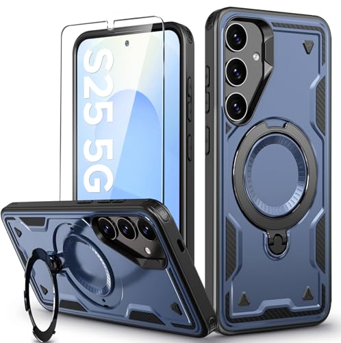 für Samsung Galaxy S25 Hülle, 360° Drehbarer Magnet Ständer Handyhülle mit Panzerfolie, Militärische Stoßfest Ring Halter Schutzhülle für Samsung S25 5G Hülle Armour Defense Case Panzerhülle von DIMIYER