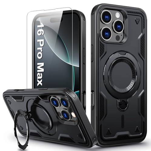 für iPhone 16 Pro Max Hülle, 360° Drehbarer Magnet Ständer Handyhülle mit Panzerfolie, Militärische Stoßfest Ring Halter Schutzhülle für iPhone 16 Pro Max Hülle Armour Defense Case Panzerhülle von DIMIYER