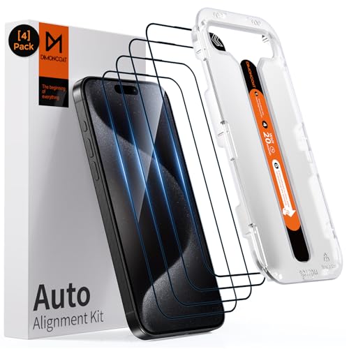 DIMONCOAT 4-PACK Kompatibel mit iPhone 15 Pro Max Panzerglas [Automatisches Kalibrierungs-Kit] [10X Militärschutz] TOP 9H+ Schutzfolie für iPhone 15 Pro Max 6.7 Zoll, HD-Klar, Null Blase von DIMONCOAT
