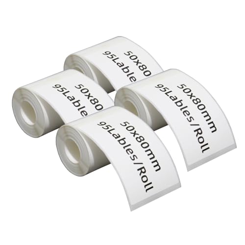 DINGYI Etikettenband M110/120/220/221, weiß, selbstklebend, wasserdicht, 50 x 80 mm, 380 Etiketten, Thermodruckerpapier für Einzelhandel, Büro, 4 Rollen (4, 50 mm x 80 mm) von DINGYI