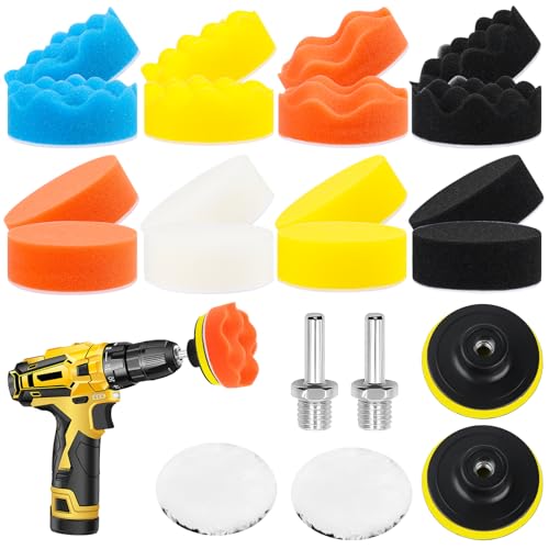 3 Zoll Polierschwamm Auto Set,22 Tlg Polierpads Klett, Polierpad Schwämme Polieraufsatz Akkuschrauber Set mit 2 M10 Adapter Bohren,Polierschwämme Pads für Exzenter Poliermaschine Schleifmaschine von DINSONG