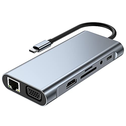 Type C HUB (11-in-1),Mit 100W PD Aufladen,4K/30Hz HDMI,USB3.0+2.0,100Gb-Ethernet-Anschluss,VGA und SD/TF Kartenleser,für Maus/Tastatur/Laptop/USB-Stick von DINlip