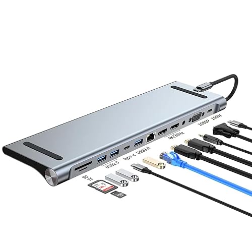 Type C HUB Dockingstation 12-in-1,Mit 100W PD,4K/30Hz HDMI,2 USB 2.0,Type C Data Ports,100Gb-Ethernet-Anschluss,1080p und SD/TF Kartenleser,für Maus/Tastatur/Laptop/USB-Stick von DINlip
