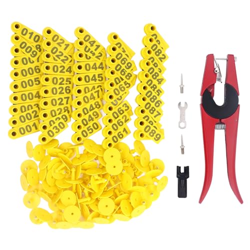 Viehohr Ohr Tag Kit mit Applikator, nummerierte Tierschilds für Viehpferde Schwein Schaf, 100 Pack Farm Animal Tagging Kit Kit (Gelbe Ohr -Tag mit roter Zange mit 2 Ohrhörer -Tag) von DIRBAK