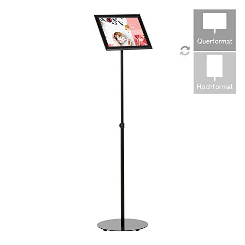 DISPLAY SALES Infoständer DIN A3 Teleskop schwarz höhenverstellbar aus Aluminium, schwere Stahlfußplatte, Hoch- und Querformat Einsatz von DISPLAY SALES