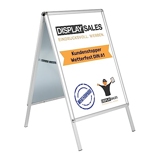 DISPLAY SALES Kundenstopper wetterfest A1 silber SLIM | Plakatständer mit 25 mm Rondo-Profil für DIN A1 Plakate | Poster Aufsteller mit Wasserablauflöchern | Kundenstopper outdoor inkl. 2 PET Folien von DISPLAY SALES