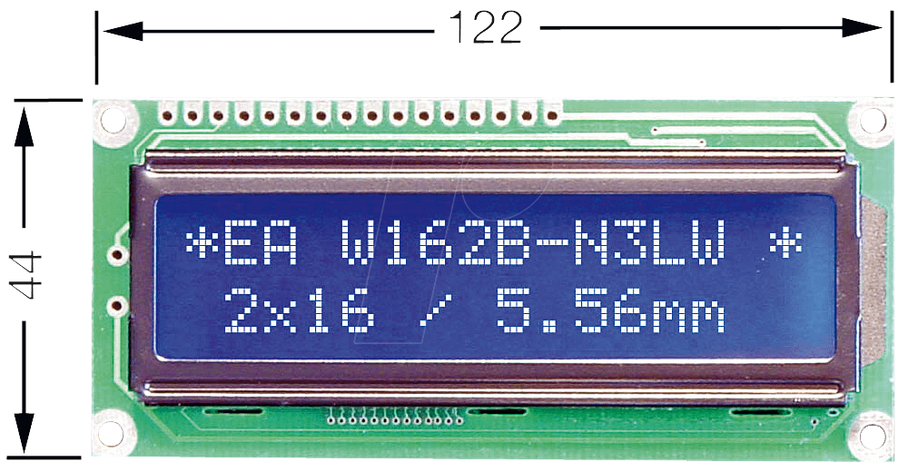 LCD 162F BL - LCD-Modul, 2x16, H:9,7mm, bl/ws, m.Bel. von DISPLAY VISIONS