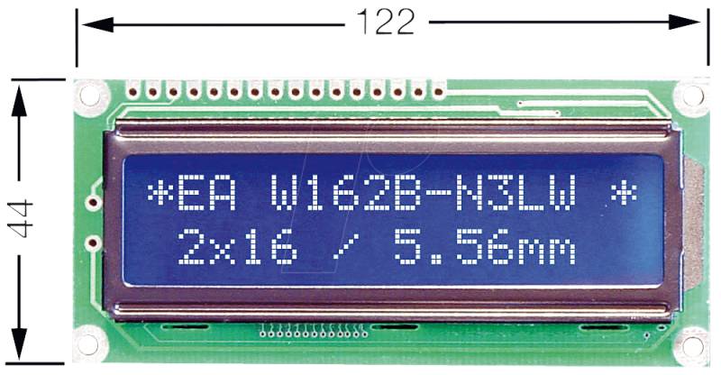 LCD 162F BL - LCD-Modul, 2x16, H:9,7mm, bl/ws, m.Bel. von DISPLAY VISIONS