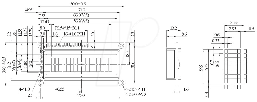 LCD-PM 2X16-6 H - LCD-Modul, 2x16, H:5,6mm, ge/gn, m.Bel. von DISPLAY VISIONS