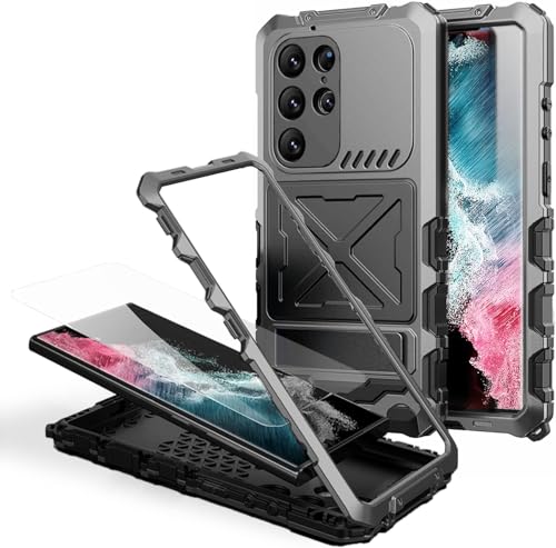 Metal case For Samsung S24 Ultra Case Metal Silicone Armor Full Body Heavy Duty Tough S24 Ultra Rugged Military Grade case with Metal Stand Screen Protector Dustproof Shockproof Outdoor Case (Black) von DISXKAER
