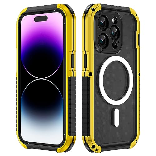 Metal case for iPhone 14 Pro Max Case,Compatible with Mag Safe Ring Magnet Built-In for Wireless Charging and Accessories Crystal Clear Back with Aluminum Frame (iPhone 14 Pro,Yellow) von DISXKAER