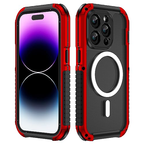 Metal case for iPhone 14 Pro Max Case,Compatible with Mag Safe Ring Magnet Built-In for Wireless Charging and Accessories Crystal Clear Back with Aluminum Frame (iPhone 14 Pro Max,Red) von DISXKAER