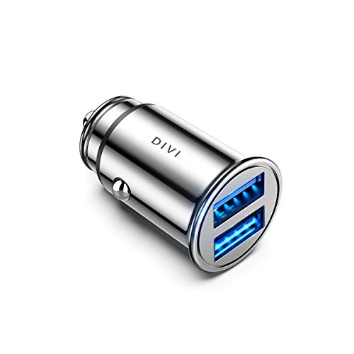 DIVI Auto Ladegerät, Mini Zigarettenanzünder USB Ladegerät 12V/ 24V KFZ Ladegerät 2-Port 24W/ 4.8A mit Aluminium-Legierung Gehäuse für iPhone XR/Xs Max, Samsung Galaxy S8, Huawei Und mehr (Silber) von DIVI