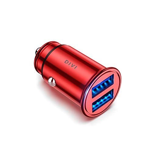 DIVI Auto Ladegerät, Mini Zigarettenanzünder USB Ladegerät 12V/ 24V KFZ Ladegerät 2-Port 24W 5V / 4.8A mit Aluminium-Legierung Gehäuse für iPhone XR/Xs Max, Samsung Galaxy S8, Huawei Und mehr (Rot) von DIVI
