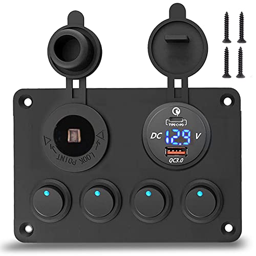 12V/24V Schalter Panel mit USB-C, USB-Ladegerät + Feuerzeugsteckdose + Digitales Voltmeter, IP65 Wasserdicht EIN/AUS Kippschalter 15A Sicherung zum Auto Marine Boot Fahrzeuge LKW Schaltkreis Steuerung von DIWUJI