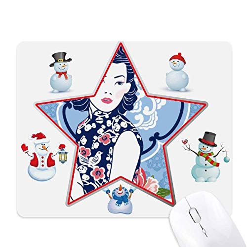 Chinese Culture Blue Flower Woman Christmas Snowman Family Star Mouse Pad von DIYthinker