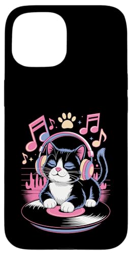 Cute DJ Cat With Headphones Spinning Vinyl And Music Notes Hülle für iPhone 15 von DJ Cat Vibes For Music Lovers And Cute Feline Fans