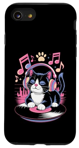 Cute DJ Cat With Headphones Spinning Vinyl And Music Notes Hülle für iPhone SE (2020) / 7 / 8 von DJ Cat Vibes For Music Lovers And Cute Feline Fans