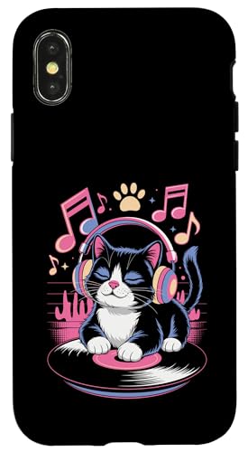 Cute DJ Cat With Headphones Spinning Vinyl And Music Notes Hülle für iPhone X/XS von DJ Cat Vibes For Music Lovers And Cute Feline Fans