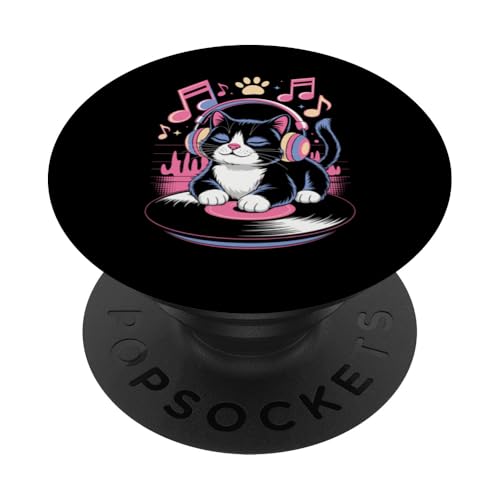 Cute DJ Cat With Headphones Spinning Vinyl And Music Notes PopSockets Klebender PopGrip von DJ Cat Vibes For Music Lovers And Cute Feline Fans