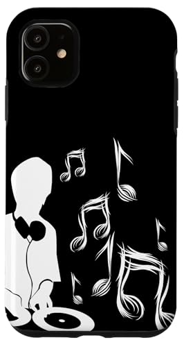 DJ mit Plattenspieler und Musiknoten, Schlagzeug und Bass Hülle für iPhone 11 von DJ Plattenspieler Musik shurikaner Techno