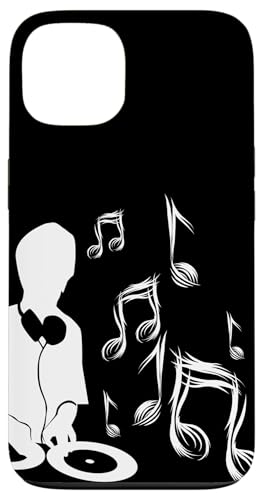 DJ mit Plattenspieler und Musiknoten, Schlagzeug und Bass Hülle für iPhone 13 von DJ Plattenspieler Musik shurikaner Techno