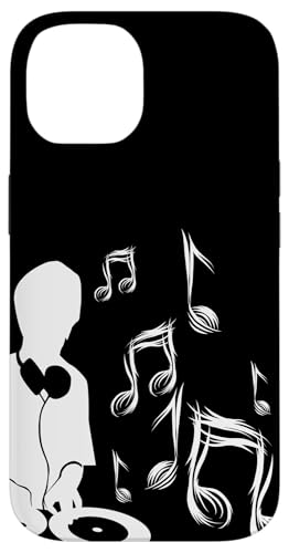 DJ mit Plattenspieler und Musiknoten, Schlagzeug und Bass Hülle für iPhone 14 von DJ Plattenspieler Musik shurikaner Techno