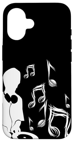 DJ mit Plattenspieler und Musiknoten, Schlagzeug und Bass Hülle für iPhone 16 von DJ Plattenspieler Musik shurikaner Techno