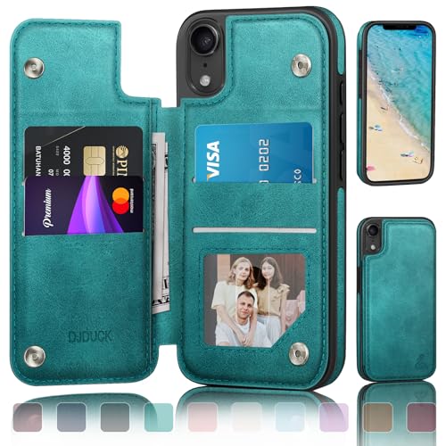 DJDUCK Schutzhülle für iPhone XR, Brieftasche, mit Kartenhalter, Magnetverschluss, RFID-blockierender Lederschutz, stoßfest, für Damen und Herren, 15,5 cm (6,1 Zoll), Blau / Grün von DJDUCK