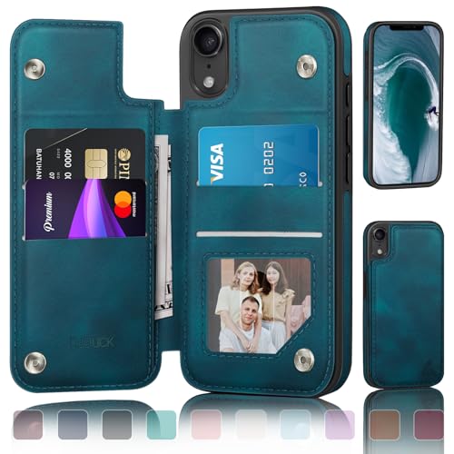 DJDUCK Schutzhülle für iPhone XR, Brieftasche, mit Kartenhalter, Magnetverschluss, RFID-blockierender Lederschutz, stoßfest, für Damen und Herren, 15,5 cm (6,1 Zoll), für Apple XR, Blaugrün von DJDUCK