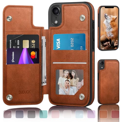 DJDUCK Schutzhülle für iPhone XR, Brieftasche, mit Kartenhalter, Magnetverschluss, RFID-blockierender Lederschutz, stoßfest, für Damen und Herren, 15,5 cm (6,1 Zoll), für Apple XR, Hellbraun von DJDUCK