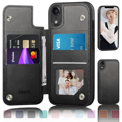 DJDUCK Schutzhülle für iPhone XR, Brieftasche, mit Kartenhalter, Magnetverschluss, RFID-blockierender Lederschutz, stoßfest, für Damen und Herren, 15,5 cm (6,1 Zoll), für Apple XR, Schwarz von DJDUCK