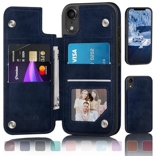 DJDUCK Schutzhülle für iPhone XR, Brieftasche mit Kartenhalter, Magnetverschluss-Abdeckung, RFID-blockierender Lederschutz, stoßfest, für Damen und Herren, 15,5 cm (6,1 Zoll), für Apple XR, Dunkelblau von DJDUCK