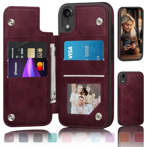 DJDUCK Schutzhülle für iPhone XR, Brieftaschenformat mit Kartenhalter, Magnetverschluss, RFID-blockierender Lederschutz, stoßfest, für Damen und Herren, 15,5 cm (6,1 Zoll), Weinrot von DJDUCK