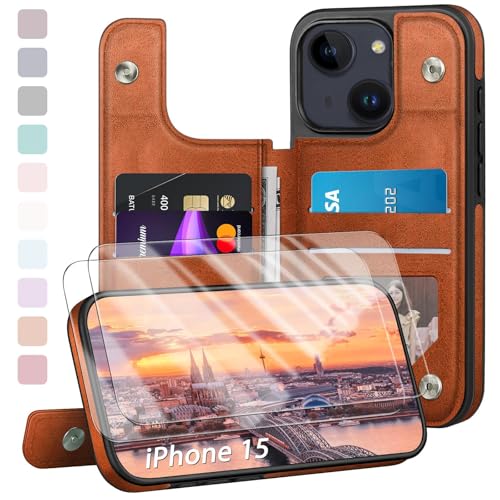 Schutzhülle für iPhone 15, Kartenhalter, RFID-blockierendes Leder, 2 Displayschutzfolien, Magnetverschluss, stoßfest, für Damen und Herren, 15,5 cm (6,1 Zoll), für Apple 15, Orange von DJDUCK