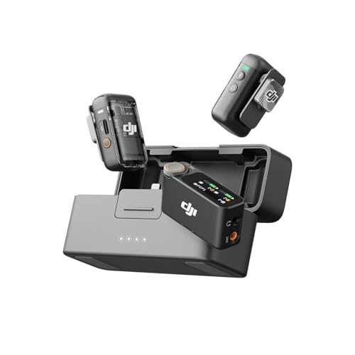 DJI Mic 2 (2 Sender + 1 Empfänger + Ladeschale), kabelloses Mikrofon für Kamera /Handy, Vlog, Streaming, Rauschunterdrückung, 48kHz Interne 32-Bit-Float-Aufnahme, 250m Reichweite von DJI