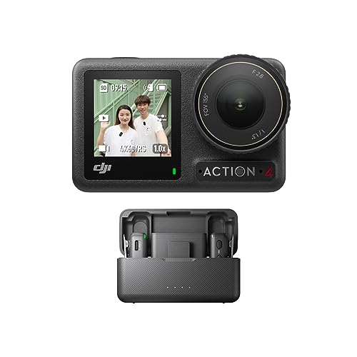 DJI Osmo Action 4+Mikrofon (2 Sender+1 Empfänger+Ladeschale) – Vlogging-Kamera mit einem 1/1,3-Zoll-Sensor, 360° HorizonSteady, Mikrofon mit klarem Schallprofil, Windschutz, geeignet für Reisen und Sp von DJI