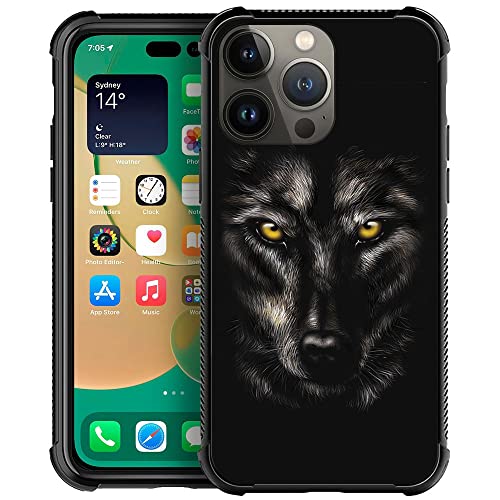 DJSOK Schutzhülle kompatibel mit iPhone 14 Pro, HSK Angry Wolf mit 4 Ecken, schützend, stoßfest, weicher TPU-Stoßfänger, schlankes Muster, schwarze Hülle für iPhone 14 Pro von DJSOK