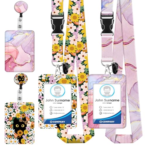 DKDDSSS 2 Stücke Ausweishülle mit Band, Lanyard mit ID Kartenhalte, ID Badge Holder mit Lanyard, für Frauen, Lehrer, Krankenschwester, Doktor, Student (Blumen und Katzen) von DKDDSSS