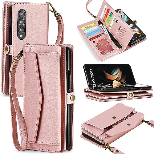 DKDKSIP Schutzhülle für Samsung Galaxy Z Fold 3, Brieftaschen-Schutzhülle für Damen, RFID-blockierender Kartenhalter, PU-Leder, Klapp-Handyhülle mit Crossbody-Gurt, Handgelenkständer für Galaxy Z Fold von DKDKSIP
