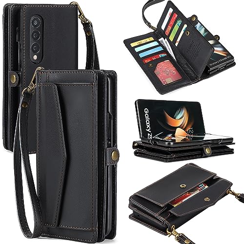 DKDKSIP Schutzhülle für Samsung Galaxy Z Fold 4, Brieftaschen-Schutzhülle für Damen, RFID-blockierender Kartenhalter, PU-Leder, Klapp-Handyhülle mit Crossbody-Gurt, Handgelenkständer für Galaxy Z Fold von DKDKSIP