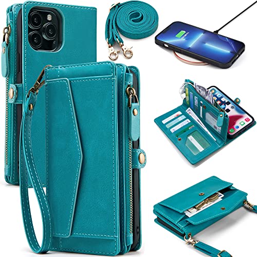 DKDKSIP Schutzhülle für iPhone 14 Pro für Frauen, unterstützt kabelloses Laden mit RFID-blockierendem Kartenhalter, Leder-Reißverschluss, 2-in-1 abnehmbare magnetische Handyhülle mit Umhängeband, Blau von DKDKSIP