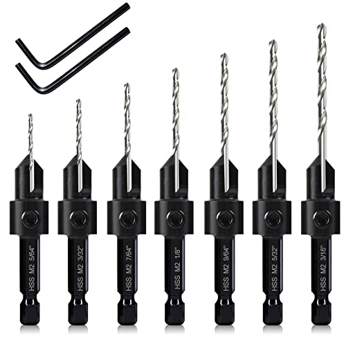 7 Stück Kegelsenker-Bohrer-Set, Holzbohrer, Senker, Senkbohrung, 3-in-1, drei 82-Grad-Fasenschneider, M2 Senkbohrung, Schnitttiefe verstellbar, mit 2 Inbusschlüsseln und 1/4 Zoll Sechskantschaft 7 Stück Kegelsenker-Bohrer-Set, Holzbohrer, Senker, Senkbohrung, 3-in-1, drei 82-Grad-Fasenschneider, M2 Senkbohrung, Schnitttiefe verstellbar, mit 2 Inbusschlüsseln und 1/4 Zoll Sechskantschaft von DKIBBITH