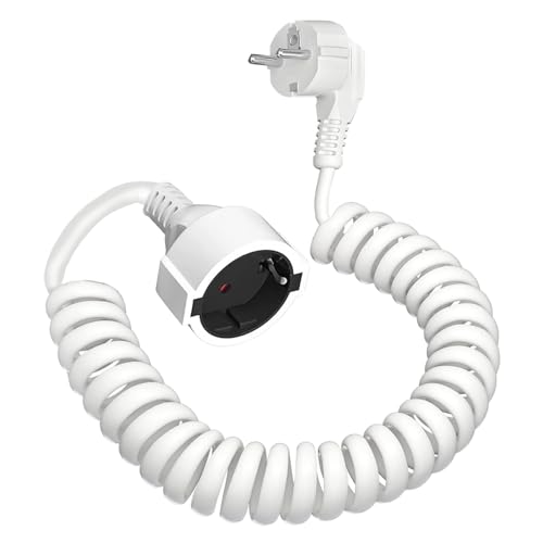 Schuko Verlängerungskabel, Schutzkontakt Verlängerung (230V/16 A), Spiralverlängerung dehnbar von 0.9m bis 5m Max, Spiral-Kabel mit Schutzkontaktwickelstecker & Schutzkontaktkupplung, weiß von DKTYGER