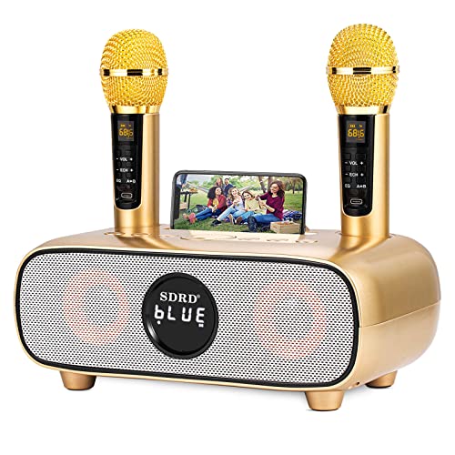 Karaoke Maschine,Bluetooth Karaoke Anlage für Erwachsene und Kinder, Tragbares PA-System mit 2 Mikrofonen,Lautsprecher mit Handyhalter/USB/TF-Karte/AUX-In,für Heimparty,Picknick,Outdoor/Indoor(Gold) von DLARA